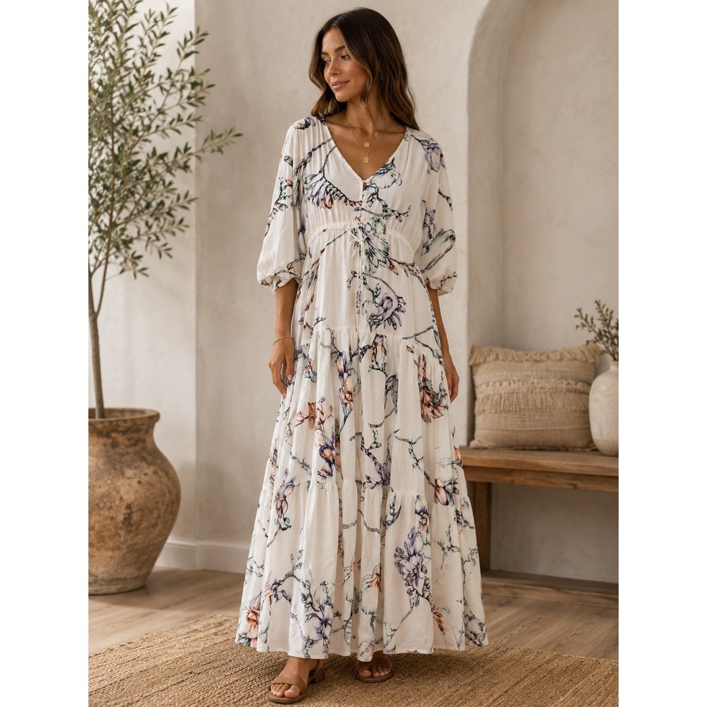 Jaase Designed in the Shed Floral Maxi Dress Boho Cottagecore Fairycore White M